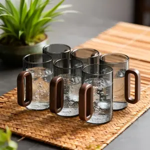 6-Piece Premium Borosilicate Glass Cup Set, Heat-Resistant Home Use Wooden Handle Tea Set, Walnut Texture Design, Living Room Fashion Cups, Glass Mugs