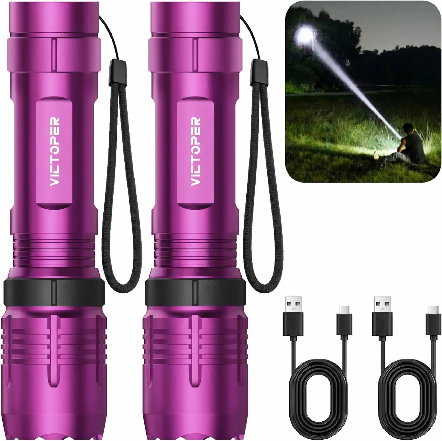 Victoper Pink Rechargeabe Flashlight 2 Pack, High Lumens 5 Modes LED Bright Tactical Flashlights, Waterproof Zoomable Flash Light for Outdoor, Gifts for Camping Essentials Gear