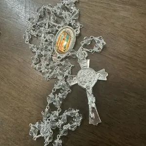Virgen Mary Crystal Wire Wrapped Chain with St Benedict Cross Religious Jewelry for Faith