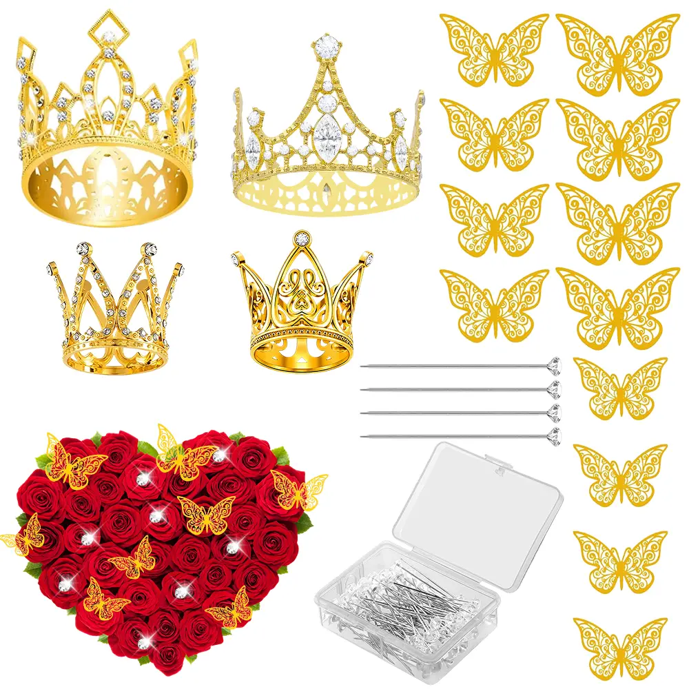 66Pcs Gold Bouquet Decor Accessories Set, 4 Bouquet Crowns, 12 Butterfly Ornaments & 50 Flower Pins, Elegant Floral Decor Supplies for Wedding, Birthday Party, Baby Shower & Flower Arrangement DIY Crafts