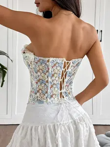 Summer Floral Embroidery Halter Top, Semi-Transparent Backless Design, Adjustable Tie Straps, Chic Fresh Look for Hot Weather, Model 71178
