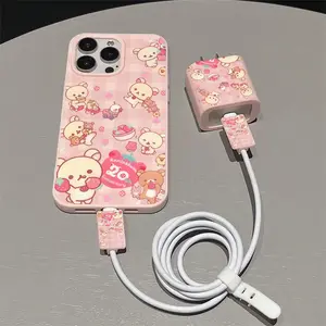 5 Piece Set Light Bear Sister Phone Case, Charger Head Cover, Cable Protector, Storage Rope, Anti-Drop Tpu Shell for iPhone 6-17 Pro Max