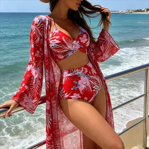3 Piece Swimwear Set for Women, Drawstring Triangle Bikini Top with High Waist Shorts & Long Sleeve Sheer Cover Up Kimono, Various Pattern Options