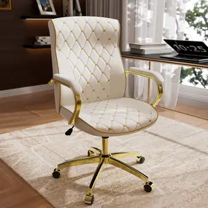 White and Gold Office Chair with Soft Leather Embroidery, Mid Back Vintage Swivel Executive Desk Chair with Wheels and Padded Arms