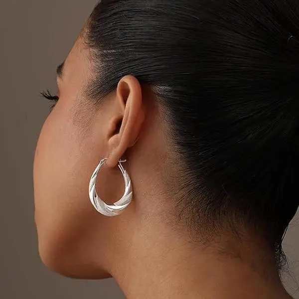 LeCalla Elegant 38mm Textured Oval Hoop Earrings in 925 Sterling Silver for Women, High Polish Finish for Daily Wear, Female, Textured Design, Versatile Accessory, Women's Fashion, Classic