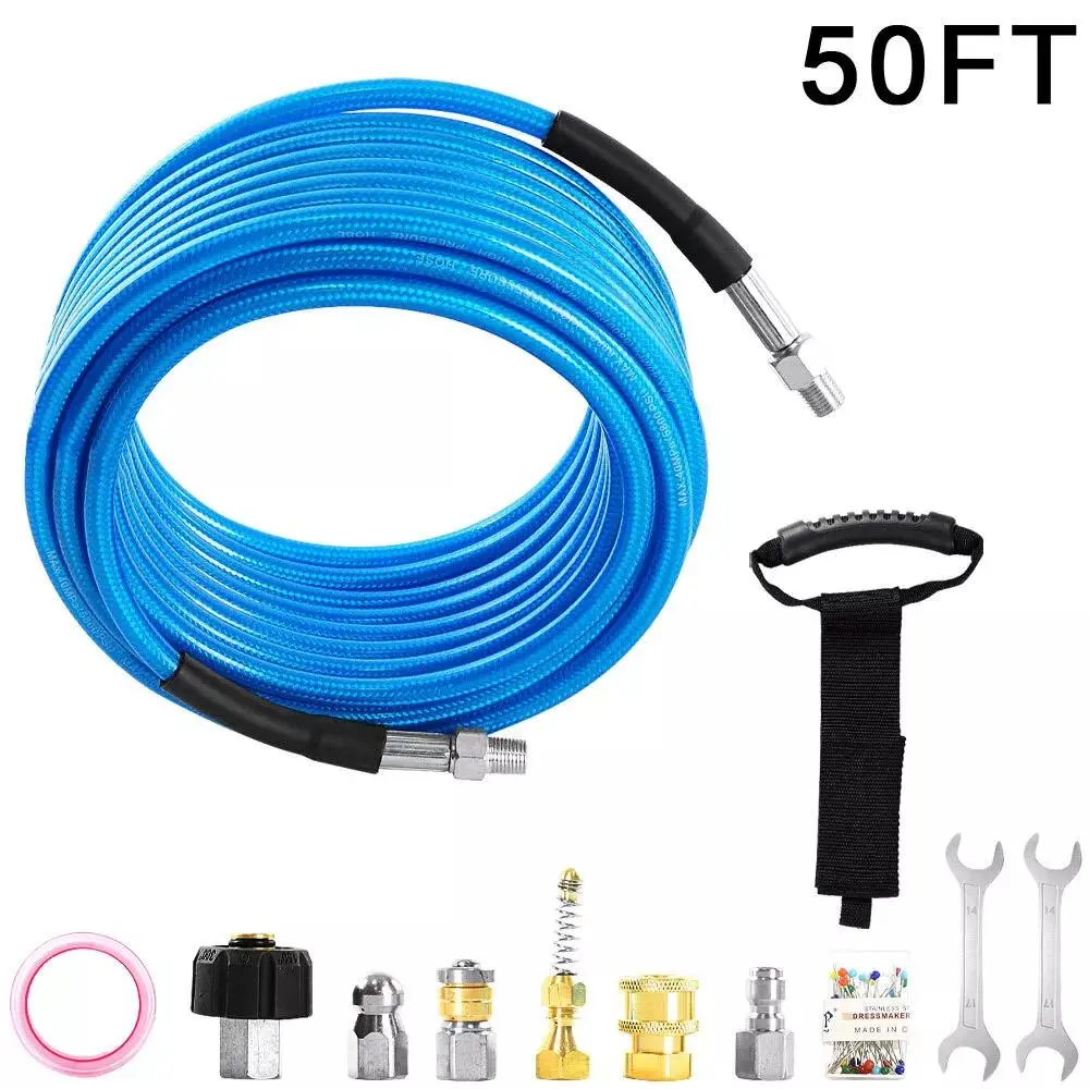 50FT High Pressure Hydro Jetter Sewer Cleaning Kit for High Pressure Washer - 5800PSI Drain Water Jet, 1/4-Inch NPT Thread Corner Hose, 3 Jetting Nozzles, Wrench Set, Quick Connect Kit for Cars, Gutters, Swimming Pools, Driveways