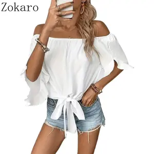 Off-the-Shoulder Bell Sleeve Blouse - Sheer Casual Top with Relaxed Fit, Elegant Shirt for Women, Perfect for Summer Fashion, Casual Outfits, Weekend Vibes, and Trendy Streetwear Womenswear Basic