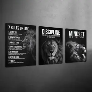 3Pcs Framed Lion Wall Art | 7 Life Rules Motivational Canvas Prints Inspirational Lion Quote Wall Decor Ready To Hang Home Office Art Modern Wooden Framed Canvas Powerful Life Mindset Wall Art Set