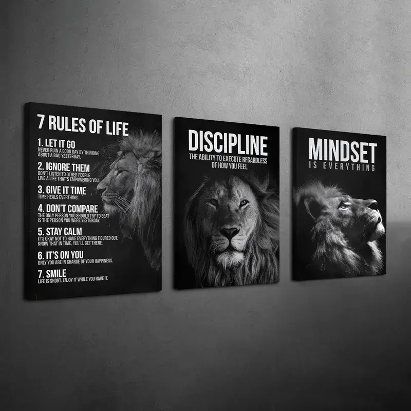 3Pcs 12x18in Wooden Framed Lion Wall Art - Modern Cool Animal Illustration, 7 Life Rules Motivational Canvas Prints, Inspirational Quote Decoration, Waterproof, Ready-to-Hang for Home/Office, Powerful Mindset Set, Water Proof