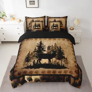 Cute Deer Comforter Set with Sheets,7 Piece Deer Hunting Bed in a Bag,Decorative Bear Paw Print Tree Pattern Bedding Set,Exotic Style Brown Bed Set