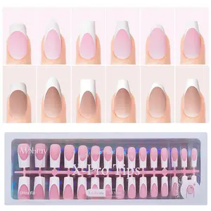 150/160pcs French Press On Gel Nail Tips Nail Set - Pink & Brown Splicing White Fake Nails, 5 Sheet/15 Sizes for DIY Manicure, Nail Extension DIY, Perfect for Party and Daily Use