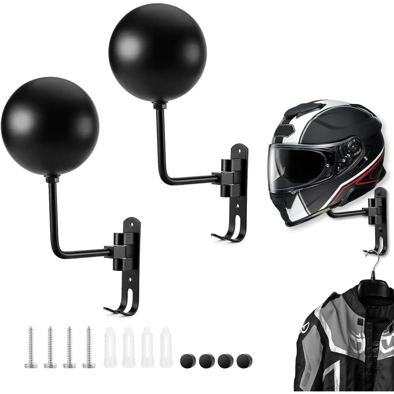 Motorcycle Helmet Holder (2 Pack) Wall Mount, Helmet Hanger 180° Rotation Helmet Rack with Double Hook for Football Helmet, Bicycle Helmet, Hat, Cap, Sportswear, Motorcycle Accessories