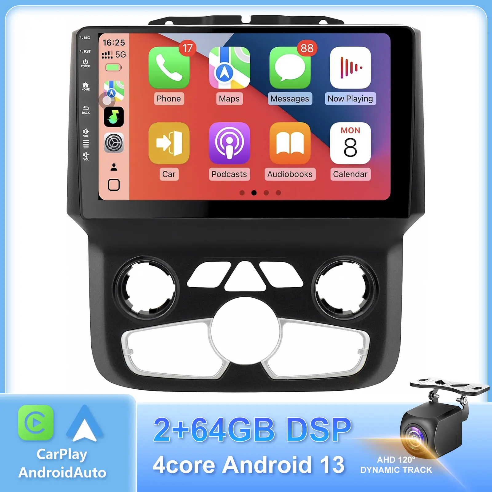 2+64G Car Radio Stereo for Dodge Ram 1500 2500 3500 2013-2018 Auto AC,9" Android 13 Touchscreen Head Unit,Wireless CarPlay & Android Auto,GPS Navigation,HD Backup Camera,WiFi 6,Bluetooth 5.4,FM,SWC