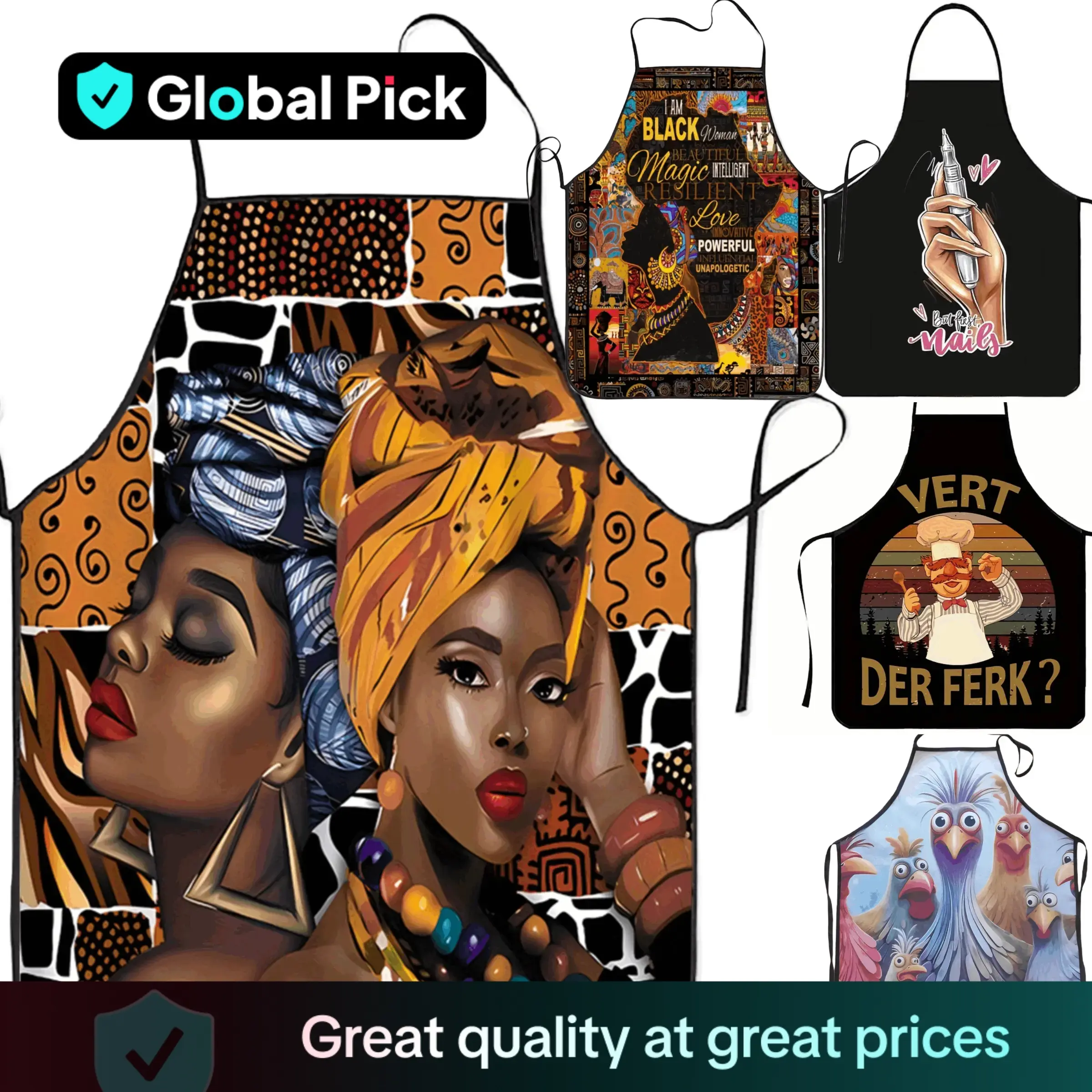 African Woman Pattern Apron, 1 Count Breathable Autumn Apron, Winter Kitchen Apron, Gift for Daughter & Mother & Wife & GF, Christmas Gift,Nail Tech,N