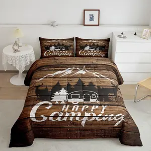 Happy Camping Cozy Comforter,Camper Luxury Bedding Set,RV Camping Designer Comforter Set,Farmhouse Trailers Camper Microfiber Duvet Set