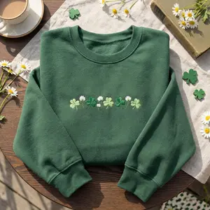 Embroidered Shamrocks Crewneck: St Patrick's Day Irish Sweatshirt, Shamrock Meadow