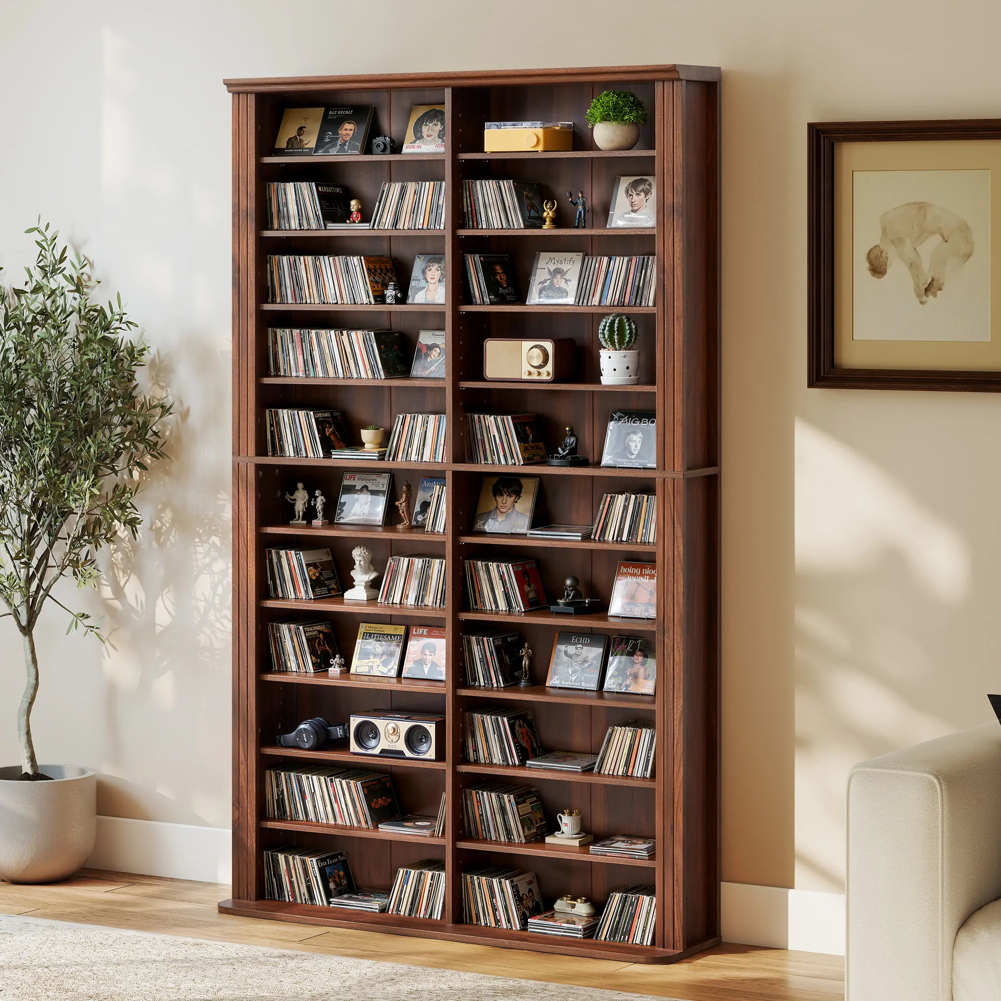 Giratree 70.9-in Freestanding Media Storage Tower, Large-Capacity 22-Storage-Compartment CD/DVD Organizer Cabinet with Adjustable Shelves & Fluted Grooved Side Panels for Living Room, Home Theater