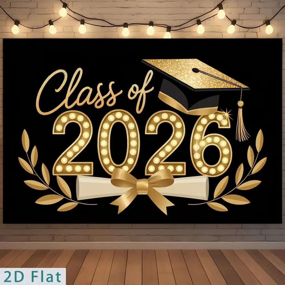 Polyester Party Banner Backdrop, 2D Flat Multi-Size Soft Texture Decor with Class of 2026 Marquee Light Graduation Emblem, Golden Cap and Diploma Design, Suitable for Graduation Party Decorations,summerwins