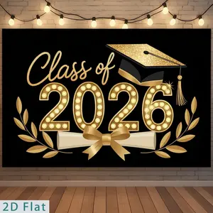 2D Flat - 2D Flat - Flat 2D for Party Banners, a Single Polyester Backdrop Featuring The Class of 2026 Marquee Light Graduation Emblem with a Golden Cap And Diploma Design, Suitable for Decorat