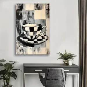 1pc Modern Abstract Black & White Checkered Cup Canvas Wall Art - Pine Wood Framed Wrapped Canvas, Minimalist Kitchen Decor for Living Room, Bedroom, Office - Indoor/Outdoor Durable Home Decor, Aesthetic Room Decor	