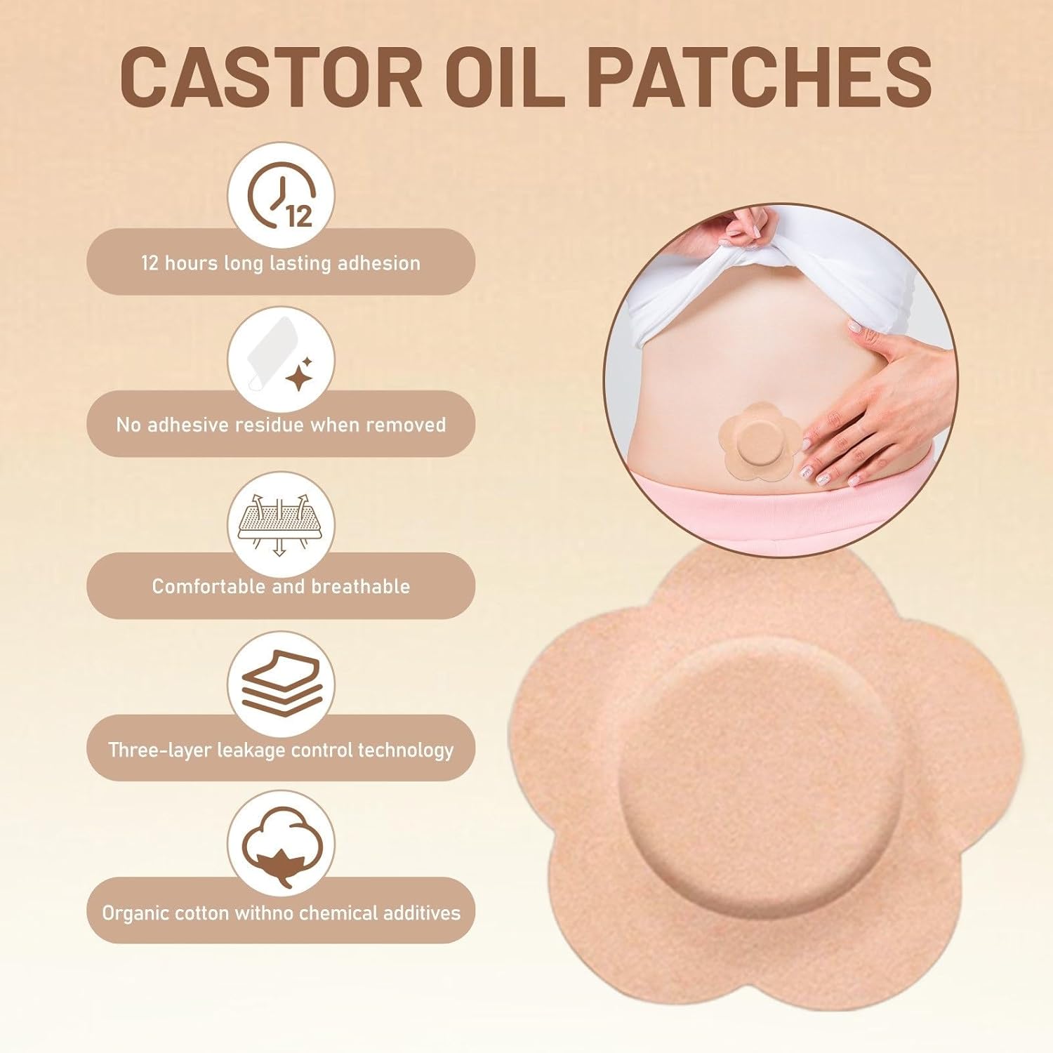 50 PCS Castor Oil Patches, Castor Oil Belly Button Patch, Disposable Organic Cotton Self-Adhesive Pads, Anti Leakage Design, Breathable & Portable, No Wash (Beige)