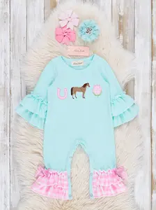 Embroidered Horsing Around Gingham Ruffle Romper