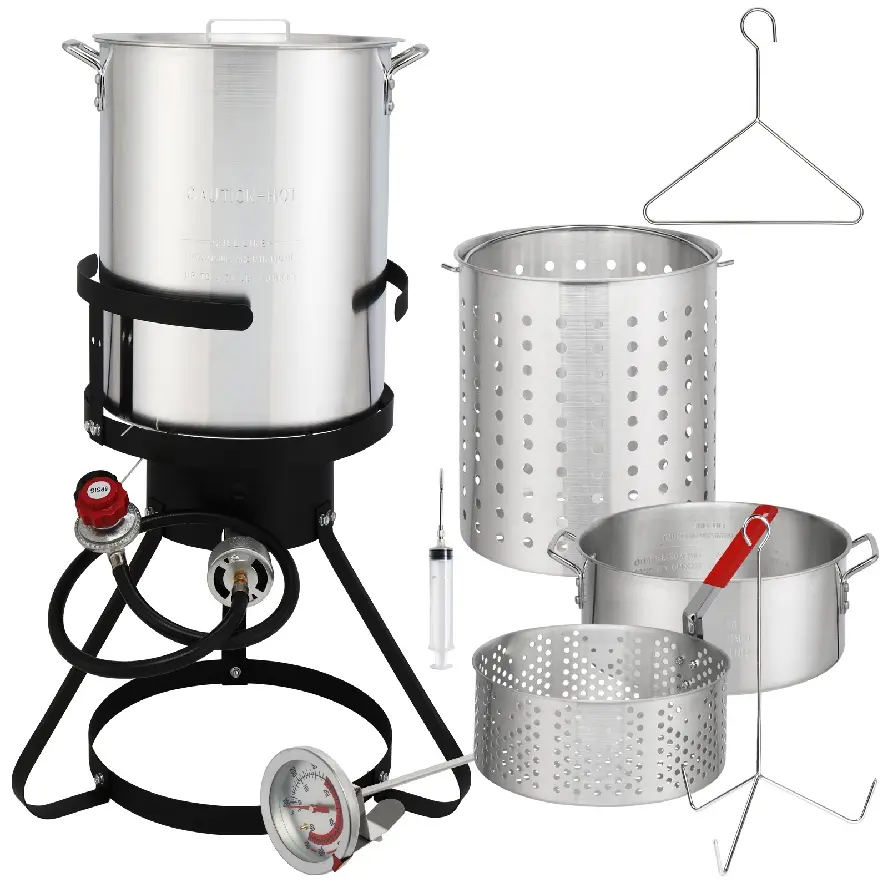 Outdoor Fryer Kit 30QT Turkey Pot with 10QT Fish Fryer Pot Basket High Power Propane Cooker Seafood Boiler Aluminum Stock Pot for Camping Backyard Family Gatherings Adults