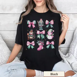 Coquette Nutcracker Christmas Shirt - Snowman, Stocking & Bow Accents, Festive Holiday Style Womenswear T-Shirt Comfort Cotton christmas shirt