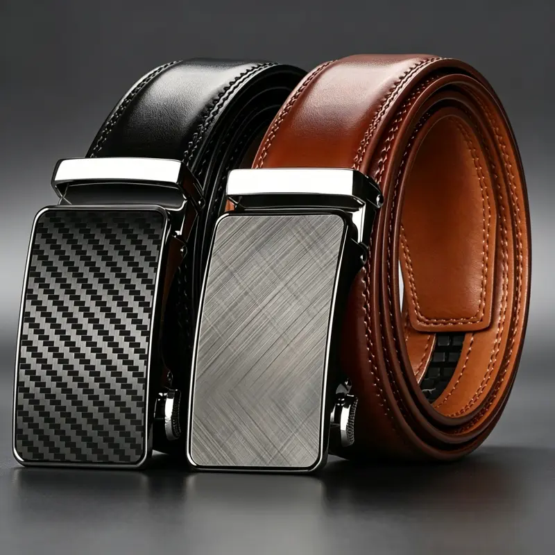Men's 120cm Adjustable Ratchet Leather Belt - Auto Hook, 1-Click Release Buckle, No Punch Holes, Comfort Fit for Suit Pants, Denim, Daily Wear, Adjustable Bands Men's Belts with Ratchet Adjust Function