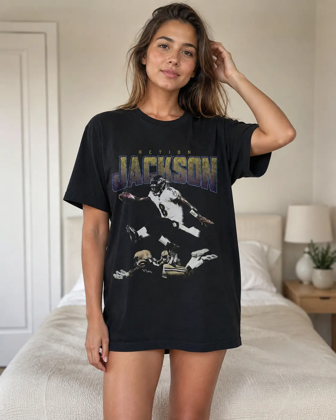Lamar Jackson Action Football T-Shirt, Ravens Motion Graphic Tee, Vintage Stadium Style Shirt, Fan Gift for Men Women and Sports Lovers
