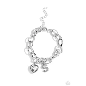 Guess Now Its INITIAL - White - S Heart Gem Letter Alphabet Silver Charm Bracelet - Paparazzi