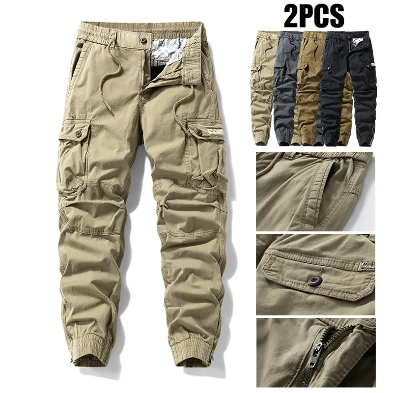 2-Pack Men’s Fashion Versatile Casual Comfortable Design Pants for Outdoor Sports — Loose Fit, Button Closure, Multiple Pockets, Large Capacity Cargo Pants