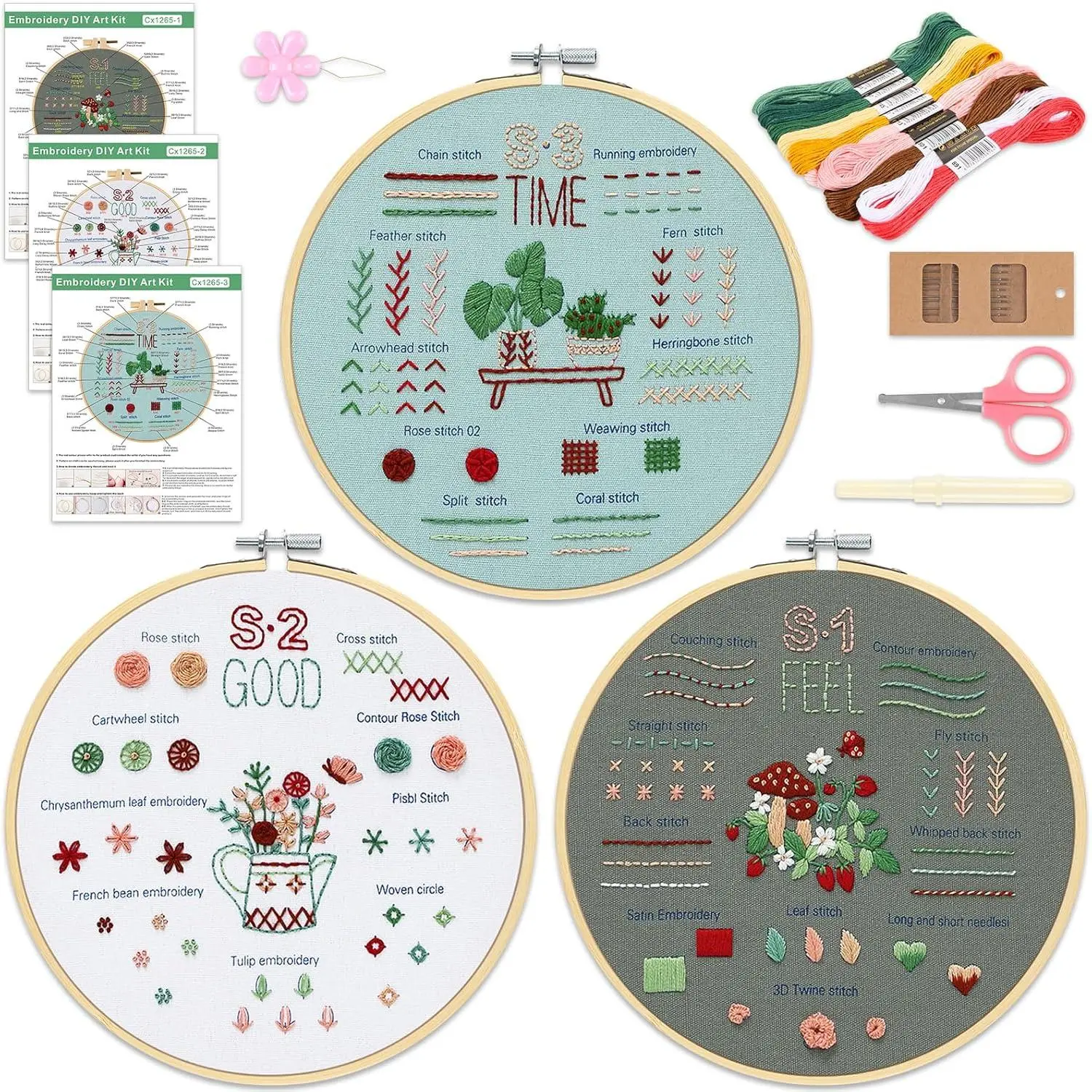 Embroidery Kit for Adults Beginners, 3 Stages to Learn 31 Basic Embroidery Stitches Practice  Stitch Kits for Beginners with Embroidery Patterns, Hoop,Threads,Tools