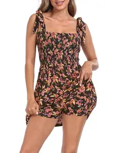 HDE Floral Romper Dress with Built-in Shorts Smocked Mini Sundress for Women Adjustable Tie Shoulder Straps Classy Fashionable One-Piece Skirted Jumpsuit in Rayon Blend