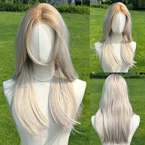 SMILCO/24Inch Ombre Golden Ash Beige Small Lace Front Medium Straight with Bangs Synthetic Wig/SM465