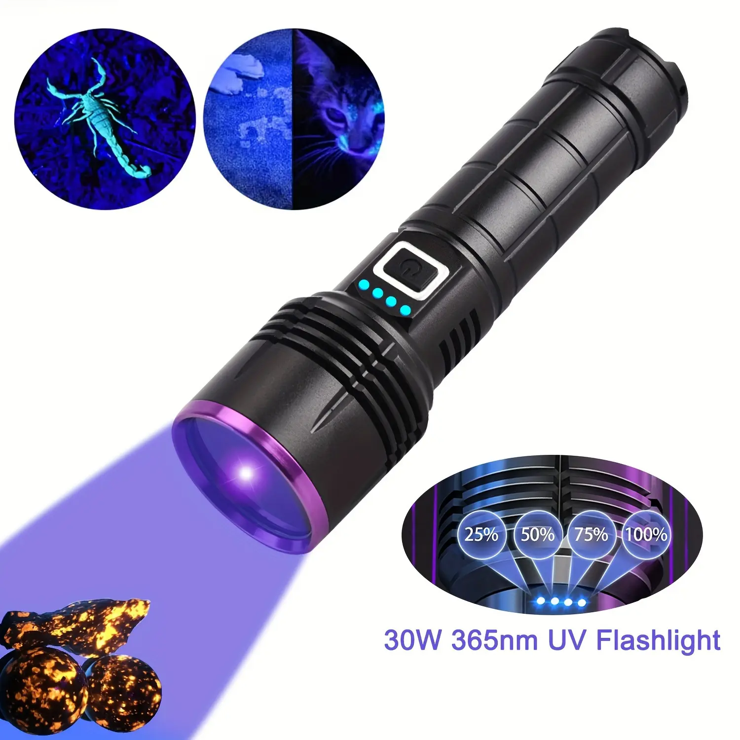 30W High-Power Rechargeable UV Flashlight - Ultra-Bright 365nm Black Light for Pet Urine Detection, Resin Curing, Minerals, Blood Tracking, Scorpion, Rockhounding, Yooperlites, A/C Leak Detection - USB Powered, 4-Mode, Long-Lasting Lithium Battery