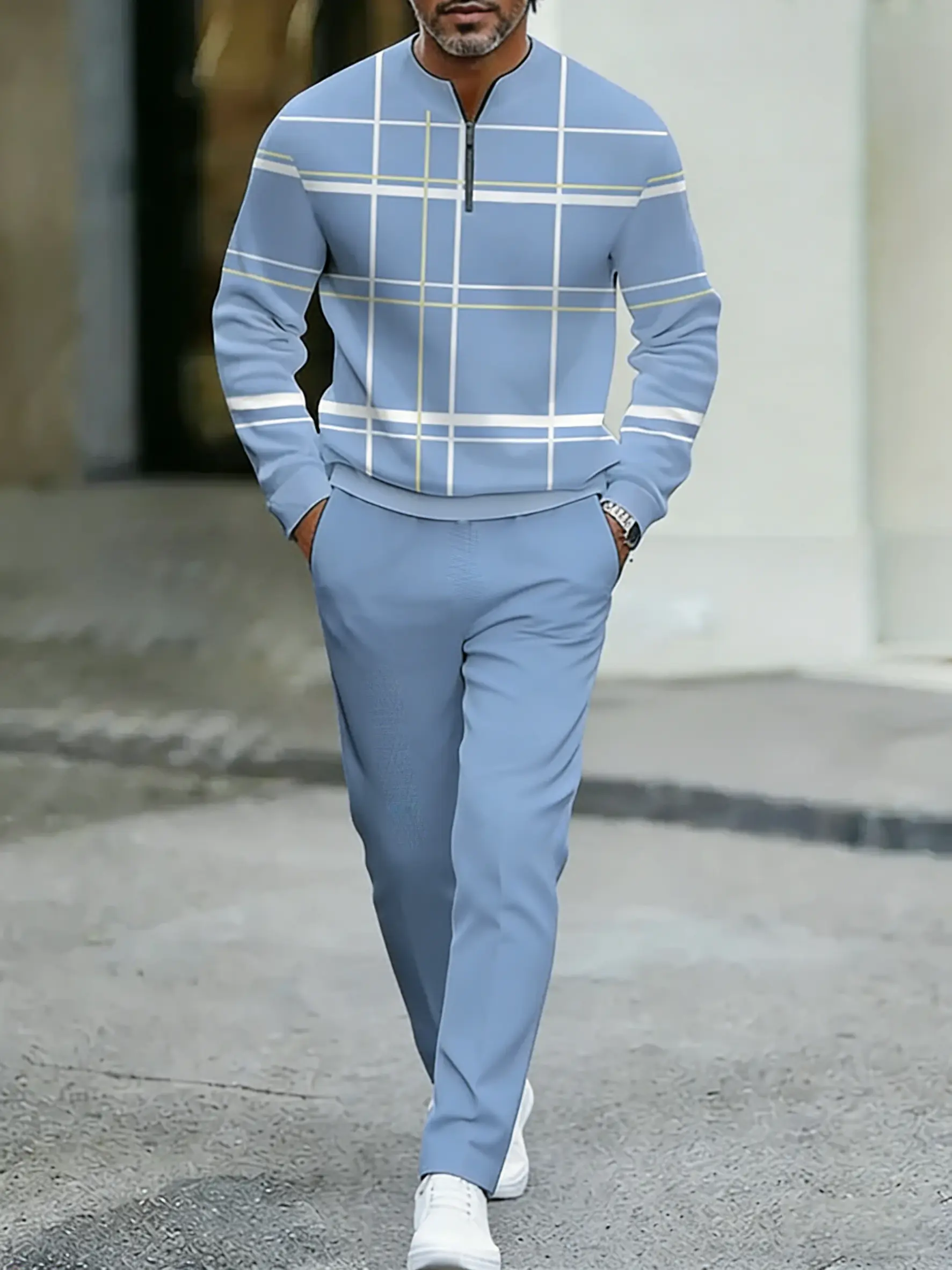 Men's Fashion Casual Zipper Stand Collar Long Sleeve Hoodie & Pants Set in Light Blue with White Stripes and Navy Blue Bottoms Men's Fashion Casual Zipper Stand Collar Long Sleeve Hoodie & Pants Set in Light Blue with White Stripes and Navy Blue Bottoms