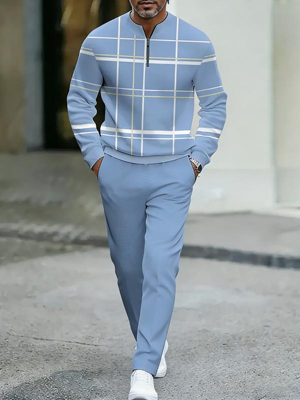 Men's Fashion Casual Zipper Stand Collar Long Sleeve Hoodie & Pants Set in Light Blue with White Stripes and Navy Blue Bottoms Men's Fashion Casual Zipper Stand Collar Long Sleeve Hoodie & Pants Set in Light Blue with White Stripes and Navy Blue Bottoms