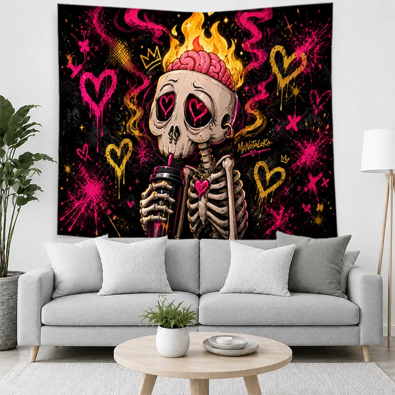 Flaming Brain Skeleton Tapestry - Pink, Black and Gold Graffiti Decorative Wall Hanging, Edgy Gothic Fabric Artwork for Bedroom, Living Room, Home Decor Gift