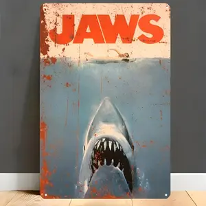 Vintage Jaws Movie Aluminum Wall Art Plaque 8x12 Inch Pre-Drilled Weatherproof Decor for Home Theater Living Room Bar Garage Retro Gift Idea for Movie Fans