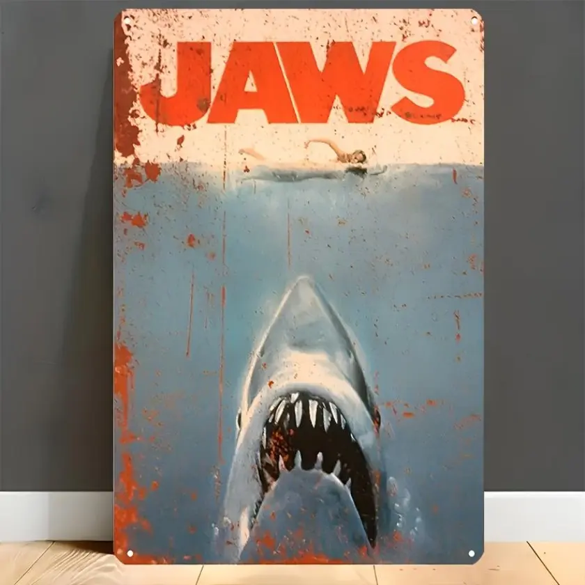 Vintage Jaws Movie Aluminum Artistic Wall Art Plaque 8x12 Inch Pre-Drilled Weatherproof Decor Decoration Items for Home Theater Living Room Bar Garage Retro Gift Idea for Movie Fans