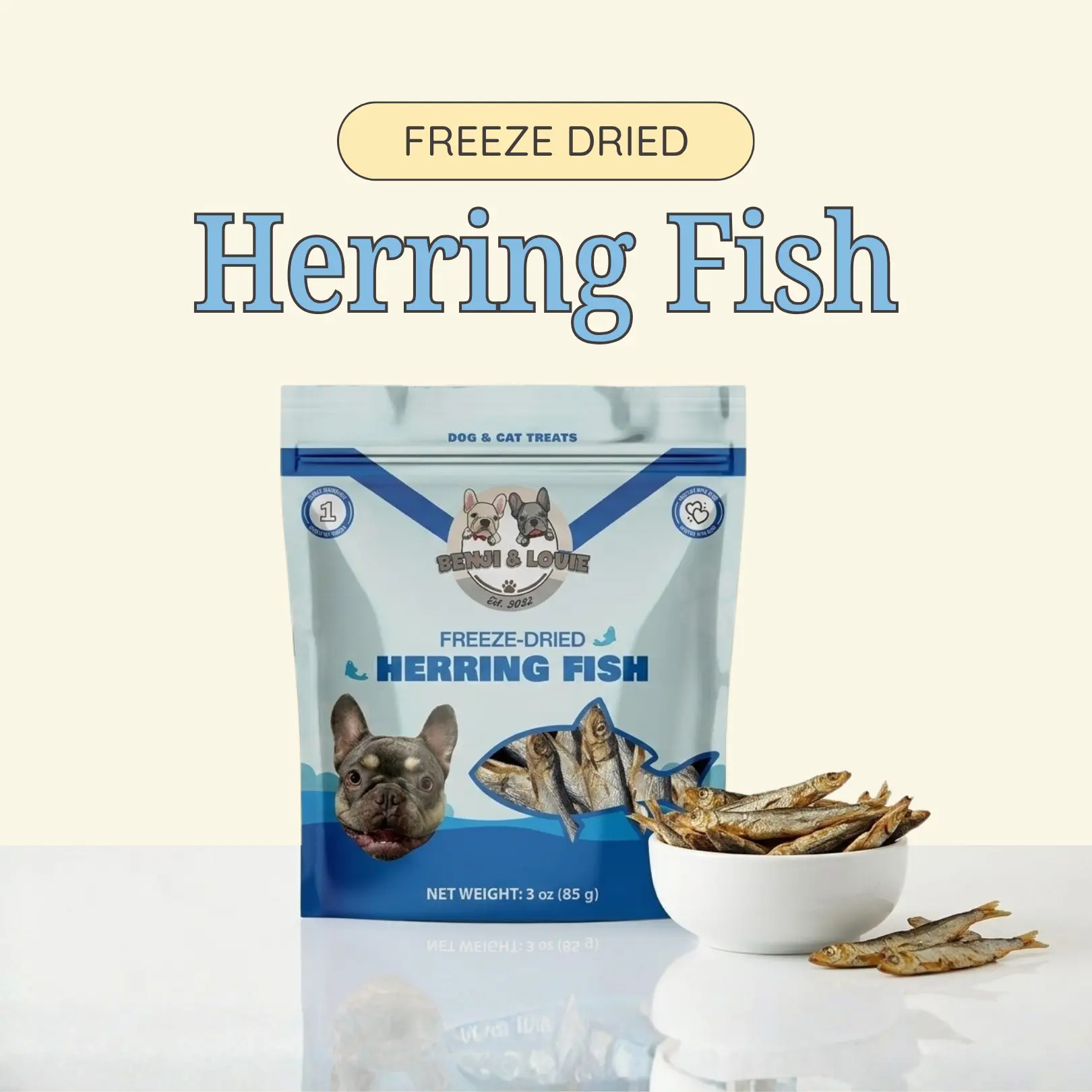 Benji & Louie Freeze Dried Herring Fish for Dogs and Cats - Natural Healthy Dog Treatsand Cat Treats, Single Ingredient, 3 oz (85 g)