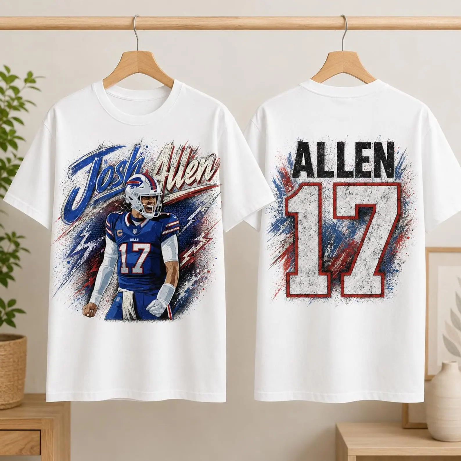 Josh Allen #17 Double Sided Lightning Graphic Print Football T-Shirt, Washed Cotton Fan Gift Tee