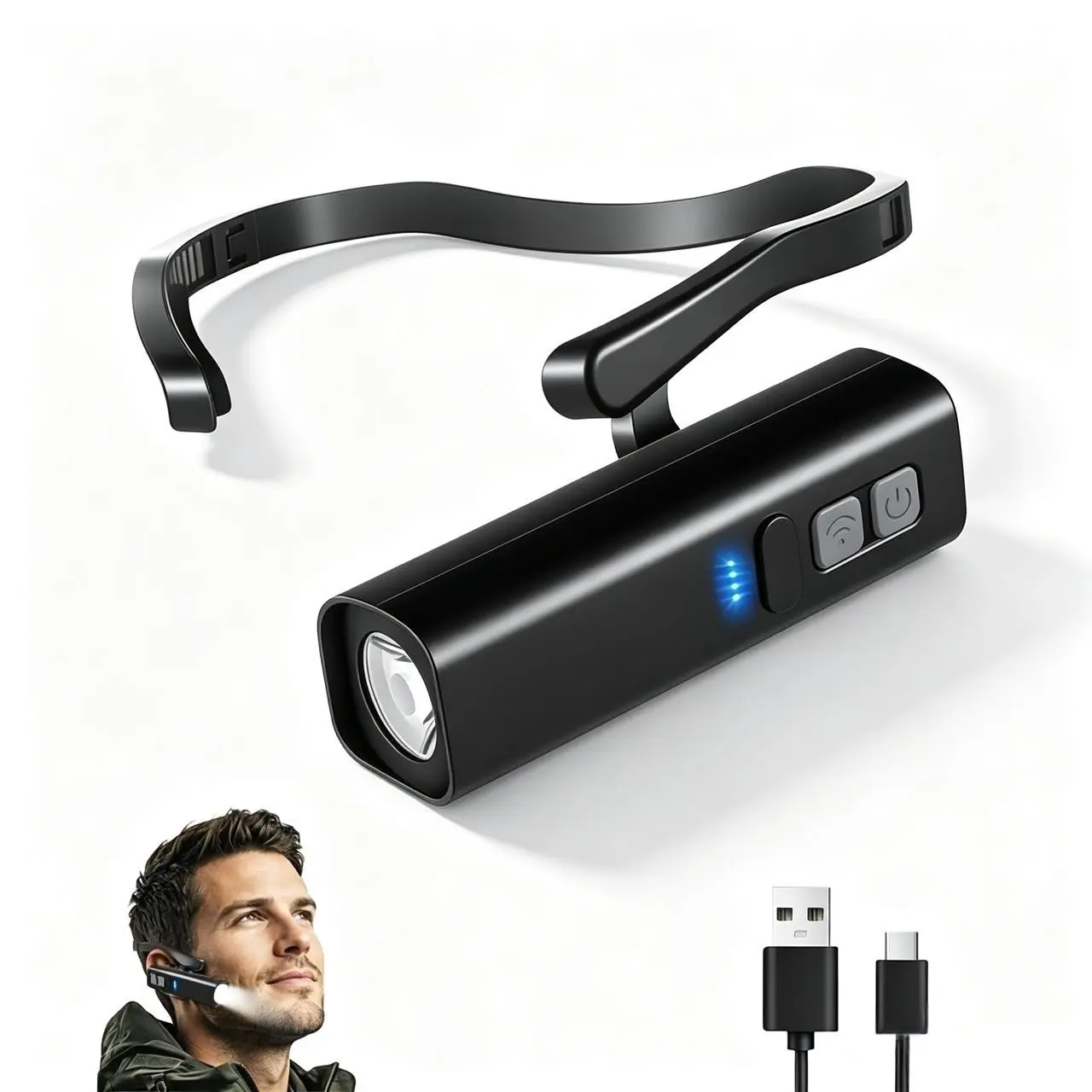 Head Mounted Lamp with a Lightweight Ear-Hook Fit, Rechargeable ABS Motion Sensor Lights for Outdoor Running and Fishing, Hands-Free, Led Beam, Outdoor Gadgets, Headlamp Rechargeable, Camping, Smart Motion Sensor