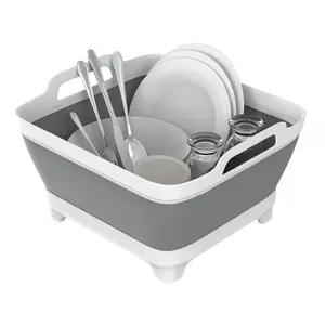 Collapsible Bucket with Handles, 2.4Gal / 9L Capacity Portable Sink with Drain Plug, Foldable Wash Basin, Foldable Plastic Tub for Camping, Washing and Finishing