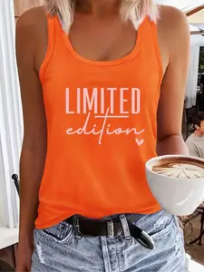 Women's Letter & Heart Print Round Neck Tank Top, Casual Sleeveless Top for Daily Wear, Ladies Clothes for All Seasons, Stylish Tank, Socks