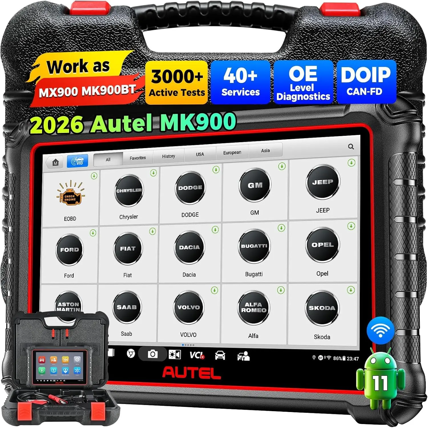 Autel MaxiCOM MK900 All-System Diagnostic & Service Tablet for Workshop, 8-Inch Android 11 Wired OBD2 Scanner with Active Test, AutoVIN, DoIP, CAN FD & Tool Upgrade