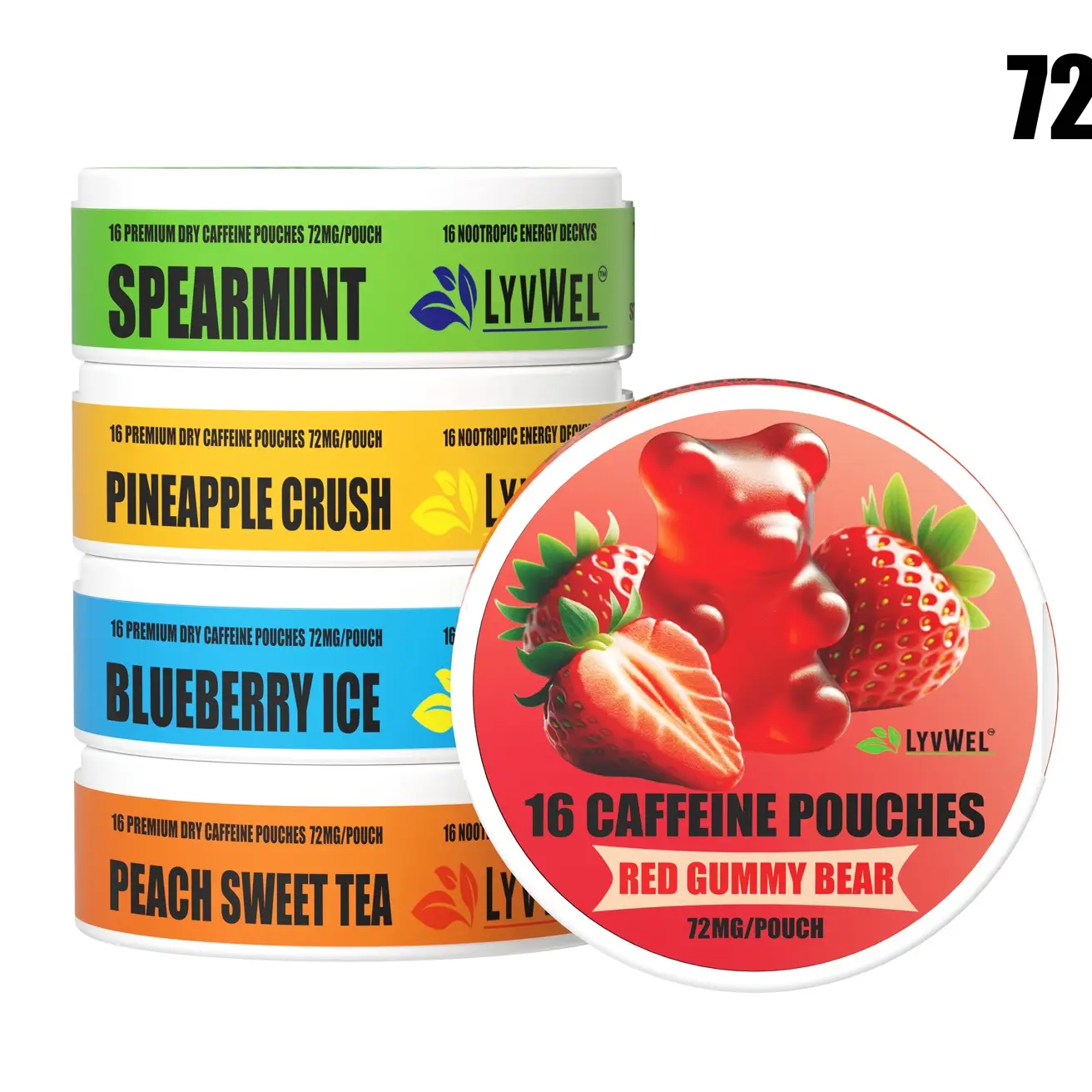 LyvWel 72mg Caffeine Pouches 5-pack Variety or solid flavors 1152mg per can Lip pillows No Sugar, Energy Decky Boost Upper Decker blueberry ice, Pinea