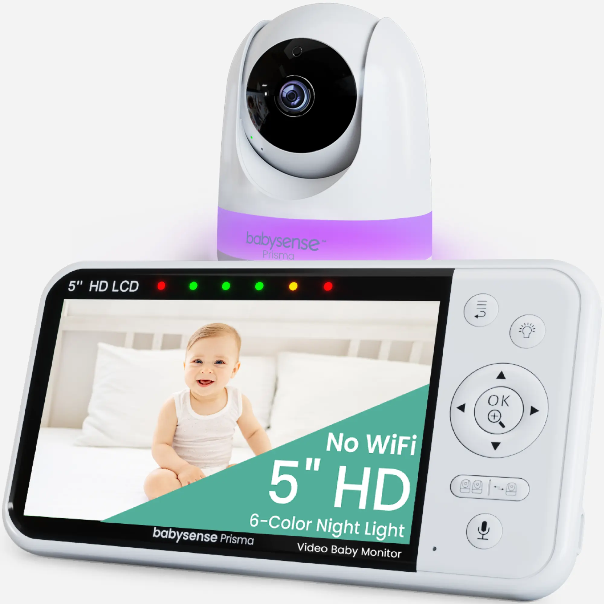 Babysense Prisma Non-Wifi High-Definition Split-Screen Display Video Baby Monitor with 1 Camera, 6-Color Night Light, Sound Machine, Lithium Ion Cells for Nursery