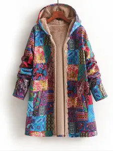 New Ethnic Style Jacket European Fashion Cotton Linen Hooded Coat, Fleece Lined Loose Fit Outerwear for Women